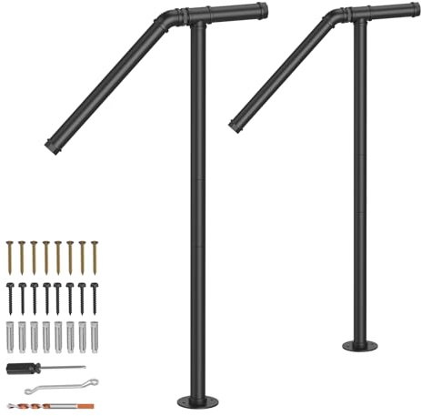 LIANTRAL Lot de 2 rampes d'extérieur réglables pour escaliers, rampes d'escalier en fer forgé pour marches extérieures, convient à 1 à 2 marches, rampe d'escalier, noir