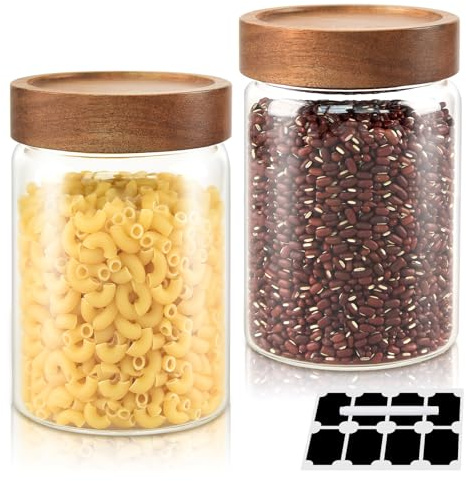 DZAEMOSIIE 1000ml Vorratsgläser mit Deckel 2er-Set, Vorratsdosen Glas Behälter Set aus Borosilikatglas, Glas mit Holzdeckel Stapelbar und Luftdicht, Kaffeedose Luftdicht Kaffeebohnen Behälter