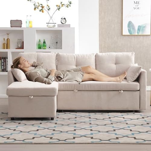 Merax Sofa Ecksofa mit Schlaffunktion, Praktisches Schlafsofa mit Bettkasten, Stauraum, Links und Rechts austauschbar, Modernes L-förmiges Schlafcouch für Wohnzimmer/Schlafzimmer, Polyester, Beige