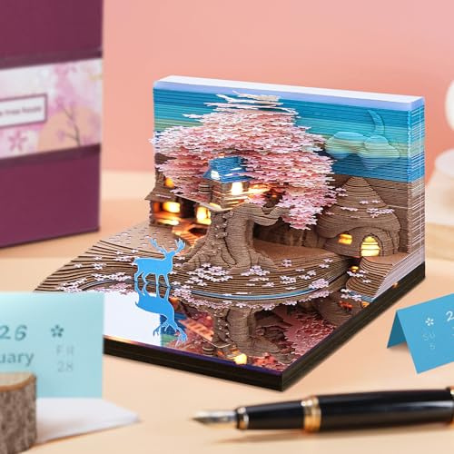 Auniq 2026 Calendrier de Bureau 3D Bloc Notes avec lumière LED, 3D Arbre Calendrier Hebdomadaire 2026 Pièce de temps Calendriers DIY Papier Sculpture d'artisanat d'art Cadeau pour Noël Nouvelle Année