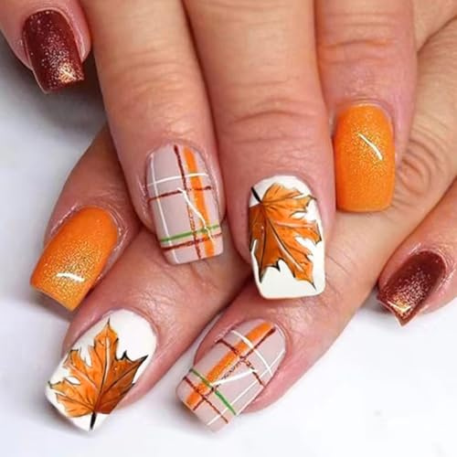 24 Stück Press on Nails Kurz Eckig, Acryl Nägel zum Aufkleben, French Orange Fake Nails, Herbst Winter Kunstnägel zum Aufkleben mit Ahornblatt Design, Künstliche Fingernägel für Frauen Mädchen