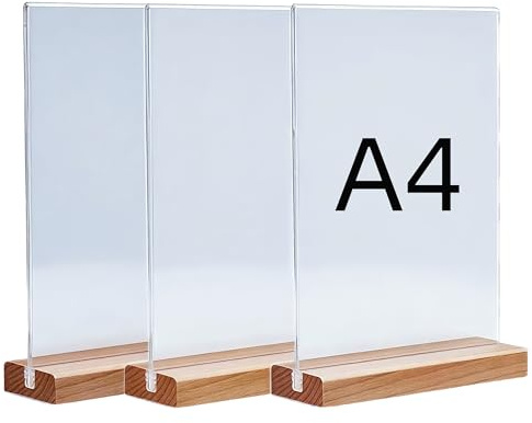 Changyeah Preisschilder, 3 Stück Tischaufsteller A4 mit Holzsockelboden, A4 Acrylaufsteller, T-Ständer, Acrylwerbeaufsteller Display mit Holzfuß für Hochzeit, Restaurant, Büro, Café