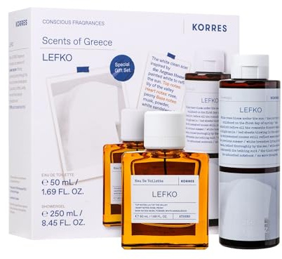 KORRES LEFKO Duftset Unisex Eau de Toilette & Duschgel, pudrig-würziger Duft mit Rose, Maiglöckchen & Sandelholz, vegan, ohne Phthalate & PCM, 50+250ml