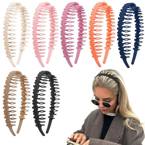 WOVOWOVO Flower Zig Zag Headbands for Women, Plastic Floral Hairbands with Teeth Non Slip Hair Comb Head Bands Zigzag Headband Hair Accessories, 7 Packs