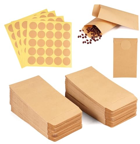 200 Stück Samentütchen,Papiertüten Klein Braun mit 200 Aufkleber | 6x10cm Kleine Braune Flachbeutel,Kleine Samentütchen,Samenumschläge,für Gastgeschenke Schmuck Bonbons Weihnachtskarte Münzen