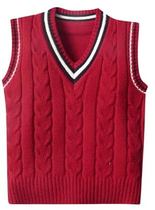 Chaleco para niños y niñas, cuello en V, sin mangas, cálido, jersey de punto, rojo, 9-10 años