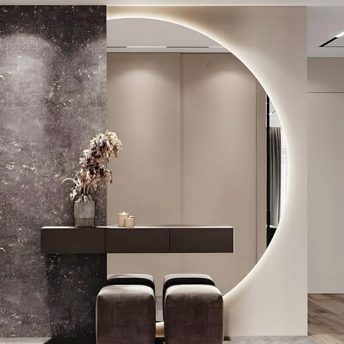 Aenmezen Specchio da Bagno da Parete Intelligente a Mezzaluna, Specchio da Trucco Senza Cornice Retroilluminato, Anti-nebbia Antideflagrante, 3 Colori Dimmerabile(Left cut,90 * 60cm)