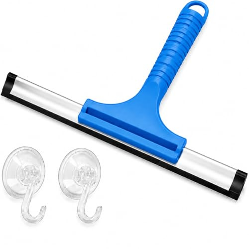 2 Pack Window Squeegee with Strong Suction Hooks, Streak Free Glass Cleaner for Shower Doors, Bathroom Mirrors, Windows, Kitchen Tiles & Car Windows (Green Squeegee and 2 Hooks)