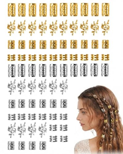 RAVNIX 80 Piezas Adornos para el Pelo Oro y Plata, Accesorios para el Cabello de Festival para Mujer, Joyas de Dreadlocks y Cuentas para Trenzas, Diseño Clip-On con Sujeción Sin Dolor