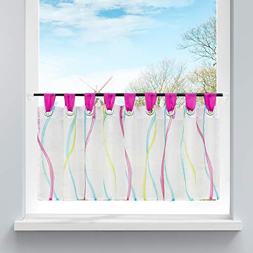HongYa Scheibengardine Transparenter Voile Bistrogardine mit Schlaufen Wellen Muster H/B 45/120 cm Bunt Pink