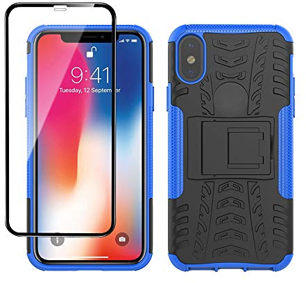 Yiakeng Coque pour iPhone X, Coque iPhone XS Verre Trempé D'écran Protecteur, Silicone Antichoc Full Protection avec béquille pour Apple iPhone X/Xs/10 5.8 (Bleu)