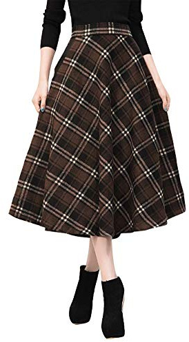 Wool Skirts for Women Fall Winter High Waisted A Line Tartan Midi Long Plaid Skirt (Coffee/Mid-Calf, L)
