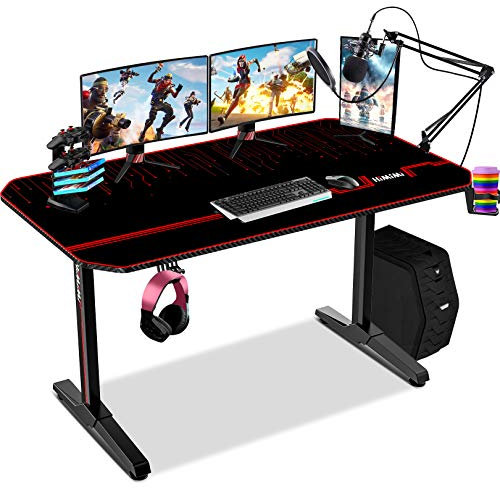 140 cm Gaming Tisch, T-förmig PC Gaming Schreibtisch, Arbeitsplatz Gamer Tisch, Professioneller Gaming Tisch mit Vollem Schreibtisch pad, Becherhalter und Kopfhörer-Haken, 140x60x75 cm
