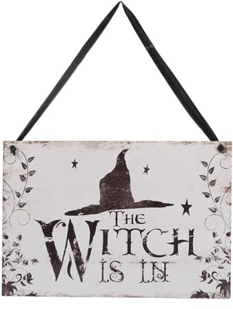 ifundom Halloween Hängeschild mit Aufschrift The Witch is in, Holzschild zum Aufhängen für Dekorationen Fenster Bar Einkaufszentren, Halloween-Dekorationen Tür