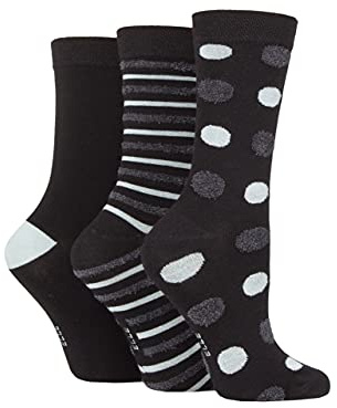 ELLE Ladies Spotty and Stripe Feather Bamboo Socks Pack of 3 (Grey/Charcoal, 4-8)