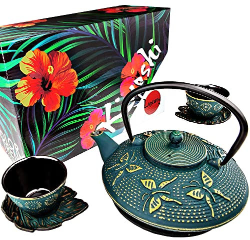 KIYOSHI Luxury Ensemble à thé japonais 7 pièces KIYOSHI Green Théière en fonte avec 2 tasses à thé, 2 soucoupes, infuseur et dessous de plat Théière Accessoires de cérémonie Matcha