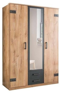 Froschkönig24 Cork 3-türiger Kleiderschrank Drehtürenschrank mit Spiegel Plankeneiche/Graphit