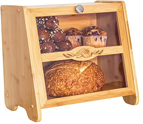 Totally Bamboo Double Layer Farmhouse Bread Box with Window for Kitchen Counter, Large Capacity Storage Container for Bread Loaves, Muffins, Bagels, Rolls and More