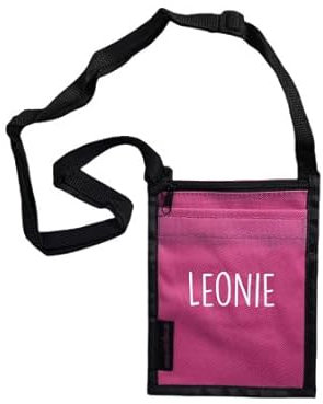 Brustbeutel mit Namen Bedruckt | personalisierbare Brusttasche 17x13 cm | zum Umhängen mit Klarsichtfenster für Schülerausweis Buskarte (pink)