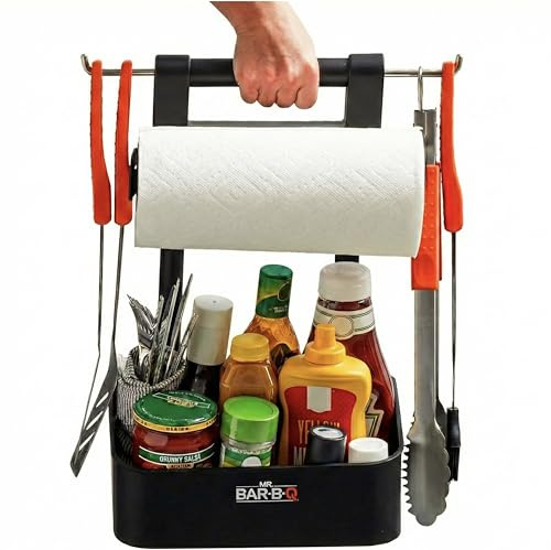 Mr. Bar-B-Q Collapsible BBQ Grilling Caddy w/Extended Hook, Store All Grilling Accesories in One Place, BBQ Caddy for Outdoor Barbecue, Camping Trip, Roller Towel Holder, Kitchen Storage Organizer