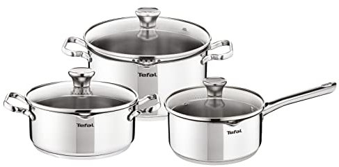 Tefal Batterie de cuisine 6 pièces, Casserole 16 cm, Faitouts 20/24 cm, Couvercles en verre, Induction, Acier inoxydable 18/10, Garantie 10 ans, Base 3 couches, Duetto On A705S636