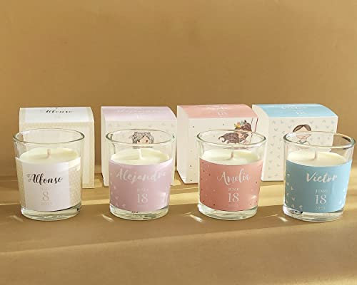 Set 2 Velas Primera Comunión, Vaso vela aromática personalizable, Muchos diseños de etiqueta para personalizar, Ideal para los invitados