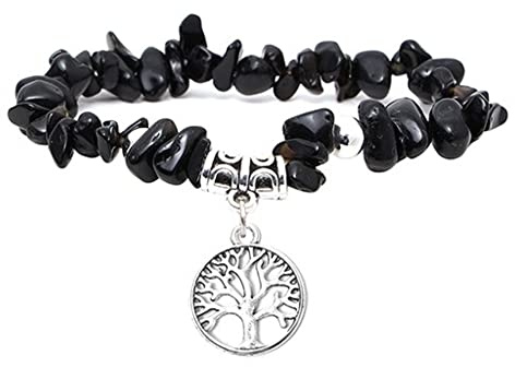 Manfnee Bracelet à Breloque d'arbre de vie Pierre Noire Naturelle Irrégulière Yoga Femme Elastique