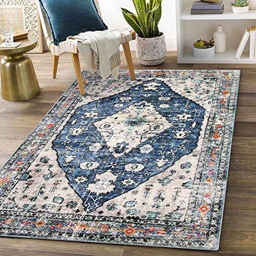 KIMODE Tapis de sol traditionnel doux, antidérapant, lavable, à poils courts et vintage, pour salon et chambre à coucher (bleu, 90 x 150 cm)