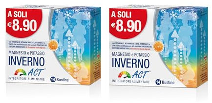 Magnesio Potassio Act Inverno Act, Integratore alimentare a base di Magnesio, Potassio Vitamina C, Vitamina B6, Vitamina B12, Vitamina D e Zinco, al Gusto Agrumi - 1 Confezione Bipack da 28 bustine