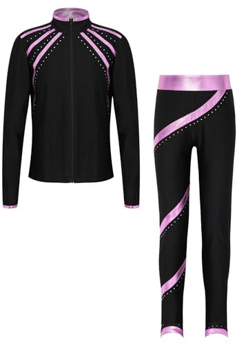 Yeahdor Kinder Mädchen Eiskunstlauf Kleidung Set Langarm Eiskunstlauf Jacke mit Leggings Sport Kleidung Set Training Jogging Fitness Rosa 146-152