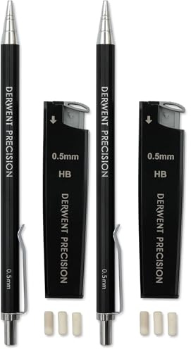 Derwent 0.5 mm Precision Mechanical Pencil, HB Leads and Erasers Included, Professional Quality, 2302428, Black (Pack of 2)