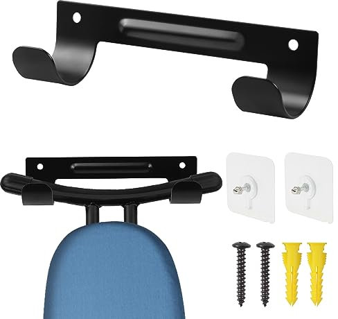 Uvilpa Wall Mount Ironing Board Holder - Stainless Steel Hanger with 2 Screws, 2 Hooks, 2 Fixed Rubber Beads, for Large and Small Boards, Black