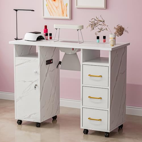 Belandi Manicure Table Nail Station with Charging Station, Marbling Texture Nail Tech Table Nail Table Station w/Dust Collector, Power Outlets, LED Lamp, Non-Woven Drawers & Wrist Cushion(White)