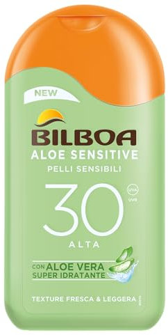 Bilboa Aloe Sensitive SPF 30, Latte Solare Alta per Pelli Sensibili, Formula con Aloe Vera, Protegge e Idrata le Pelli Sensibili, 200 ml