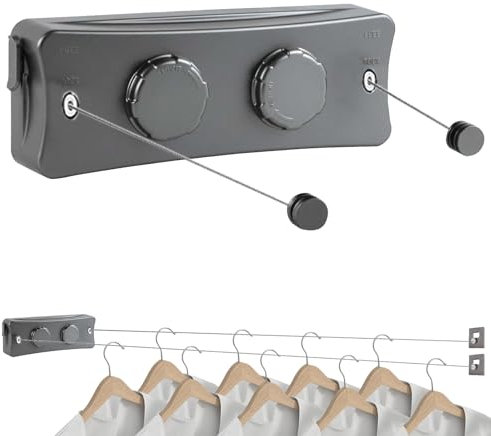 WäScheleine Ausziehbar 2 x 5.1M Edelstahlseil, Wandmontierter Einziehbares Wäscheleine, Wäscheleine Ausziehbar Wand für Balkon Waschküche Hotel Badezimmer Schlafzimmer (Zwei Linien Grau)