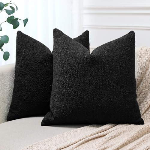 JOTOM 2er Set Boucle Kissenbezüge, Dekorative Weich Einfarbig Wurf Kissenbezug Moderne Kissenhüllen Sofakissen Dekokissen Zierkissenbezug für Wohnzimmer Schlafzimmer Deko (40x40cm, Schwarz)