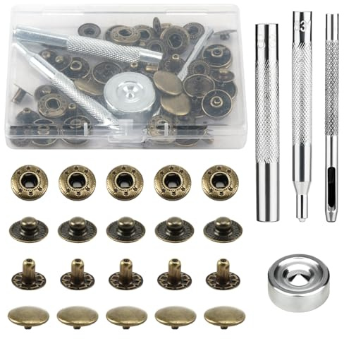 Press Studs Cap Buttons 12 Sets Metal Snap Buttons Kit 15mm Heavy Duty Leather Snap Fasteners with 4 Install Fixing Tools for Sewing Jeans Clothing Canvas Bags Jackets Belt DIY Crafts, Bronze