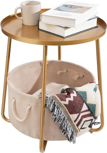 danpinera Gold Beistelltisch, Beistelltisch Runder Tisch mit Stauraum aus Stoff, Metall Kleiner Tisch für Wohnzimmer, Couchtisch Klein für Kinderzimmer, Schlafzimmer, Badezimmer, Gold
