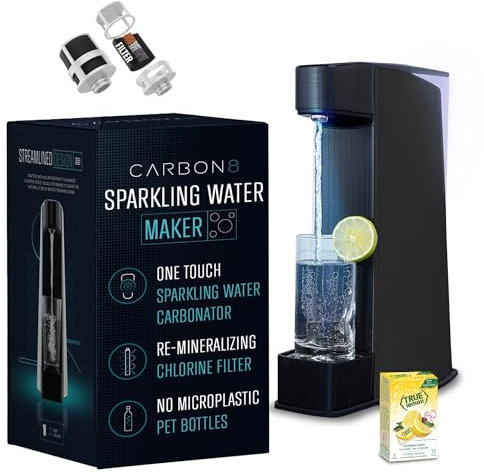 Carbon8 Sparkling Water Maker Machine - Home Soda Streaming Machine, Screw-In CO2 Carbonator, Countertop Water Mineralizer, Seltzer Soda Maker Machine Dispenser - CO2 Cylinder Not Included - Black