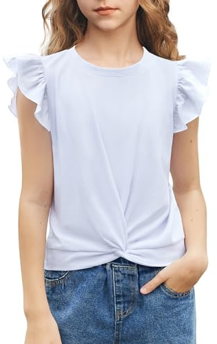 Arshiner Flicka 5–12 jaher skjorta kortärmad twist front t-shirt för flickor söta flygande ärmar sommar blus för flickor tunika t-shirt toppar, Vit, 9-10 År