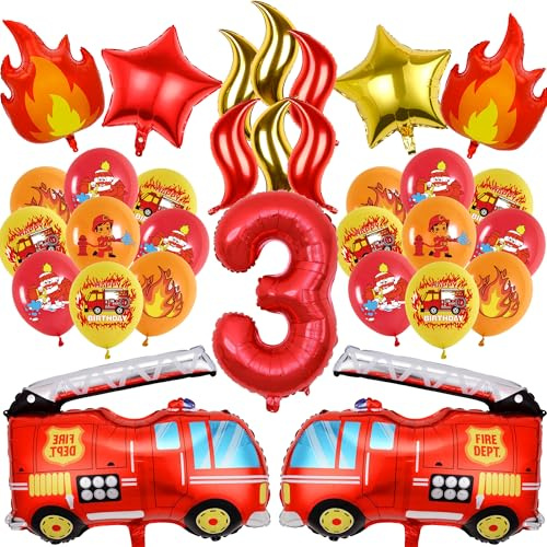 Feuerwehr Deko Kindergeburtstag 3 Jahre Jungen, Feuerwehrauto Luftballons | 33 Stück Geburtstag Ballons, Rot Feuerwehr Folienballon, Motto-Geburtstagsdekorationen