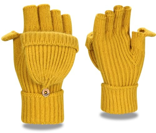 Yaopelky Winter Fingerless Gloves for Women Men Half & Full Glitter Knitted Mittens Thumb with Cap Convertible Thermal Mitten(Yellow(thumb with cap), One Size for most adults)