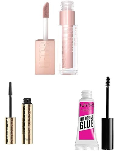 Bundle of Maybelline New York, Lifter Gloss, Farbe: Nr. 002 Ice (Nude), 1 x 5,4 ml + L'Oréal Paris Mascara, Volume Million Lashes, Black (Schwarz) + NYX Professional Makeup Brow Glue, Transparent