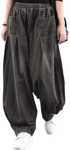 ebossy Women's Denim Harem Pants Elastic Waist Pleated Wide Leg Baggy Jeans (Large, Black)
