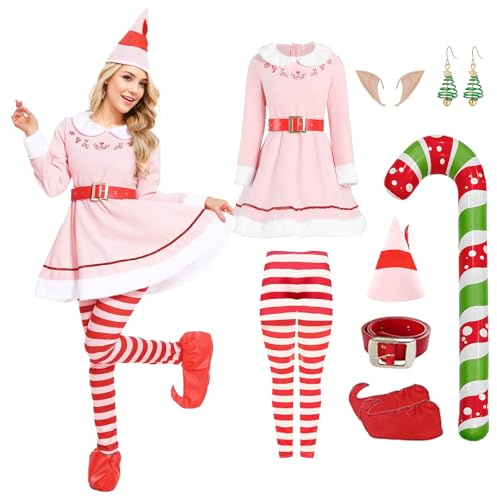 Ficlwigkis Buddy Elfen Kostüm Herren Damen Grün Rosa Elfen Kostüm Weihnachten Buddy mit Ohren Hut Gürtel für Weihnachten Erwachsener (Rosa, XXL)