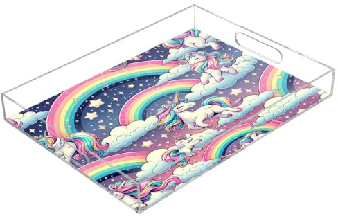 Adorable Unicorns Clouds Rainbows Acrylic Serving Trays, Clear Rectangular Tray with Handles Serving Platter for Coffee Table Kitchen Bathroom