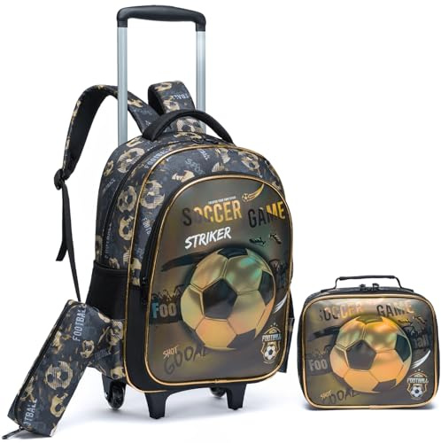 Egchescebo Mochilas Escolares con Ruedas Carro Niño 17 3PCS Mochila Carrito para Trolley Escolar Bolso de Viaje Estuche Stitch Chicos Maleta Colegio Grande Medianas Infantil Niños Fútbol Marrón
