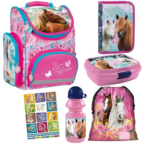 Goldkids - Schulranzen für Jungen und Mädchen, 6er-Set - Schul-Rucksack für Kinder mit Federmäppchen - Schuhbeutel Sammelmappe und Hausaufgabenheft - Pferd Motiv - 1-3 Klasse