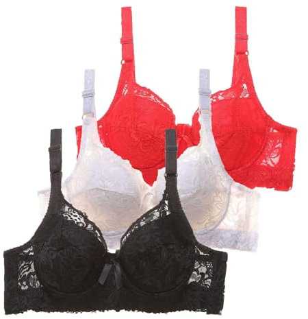Generisch Damen 3Er Pack Spitzen-Bhs - Ultra-Dünn Und Atmungsaktiv - Sammelnder Effekt - Verstellbare Träger - Sexy Spitzen-Design - Vielfältige Farboptionen - Rot - 80B, 85B, 90B, 95D - BH