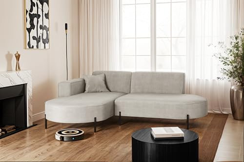 Kaiser Möbel - Ecksofa mit Wohnlandschaft, Eckcouch L Form, Polstersofa, Bequemes Couch mit Ottomane für Wohnzimmer, Relaxsofa, Metallfüße, Velour, Lounge-Set L-Form, Modena Rein, Hellgrau, Links